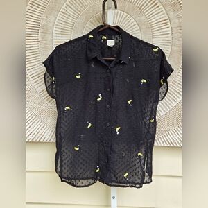 A New Day Sheer Textured Polka Dot w Embroidered Toucans Sz Small Black